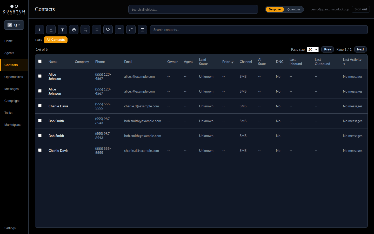 Quantum Contact — Contacts Dashboard